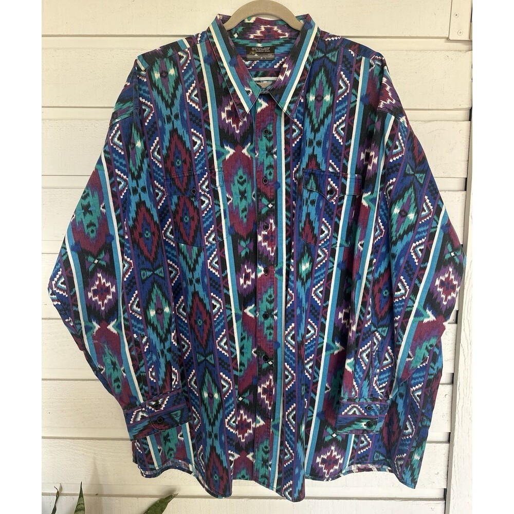 Vintage 80’s 90’s Western Aztec Blue Outlaw Western Wear Button Up